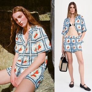 RHODE Graphic Cayenne Chillies High Rise Smocked Waist Linen Audrina‎ Shorts XS